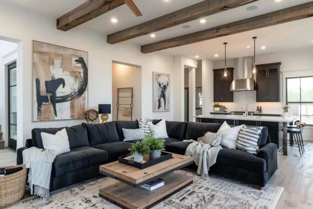 Industrial Living Room With Black Couch