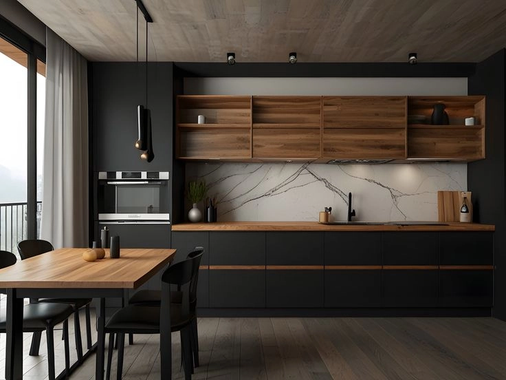 Black Cabinets with Wooden Accents