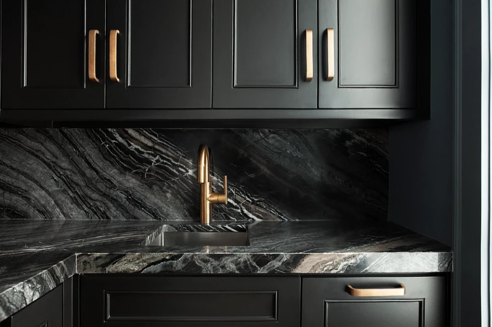 Black Kitchen Cabinets with Marble Details