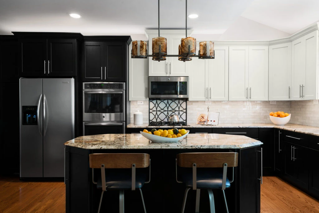Black Lower Cabinets with Light Upper Cabinets