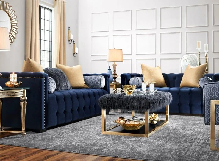 Blue Sofa with Gold Accents