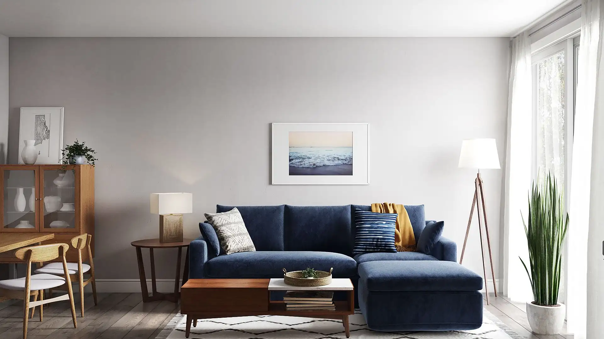 Blue Sofa with Warm Wood Accents