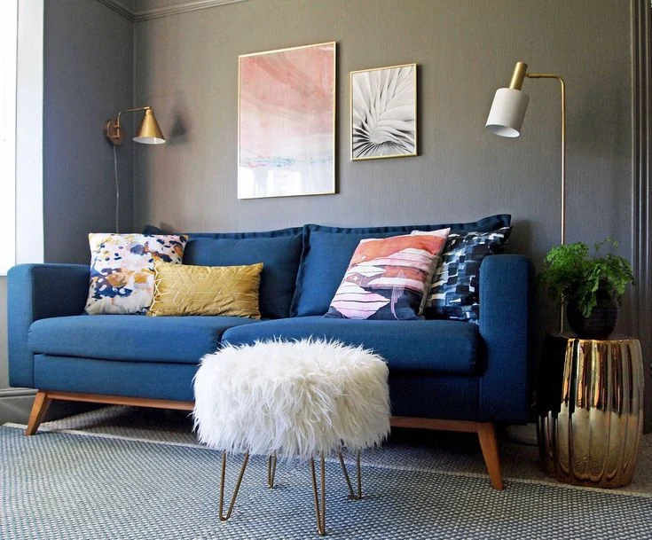 Bold Blue Sofa with Colorful Accent Pillows
