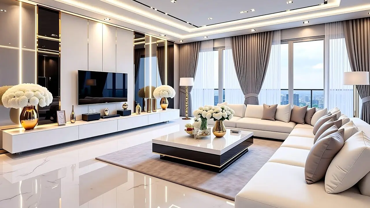 Contemporary Living Room with Statement Lighting