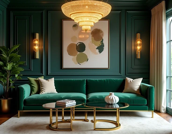 Emerald Green Living Room with Luxury Details