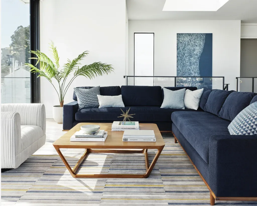Layered Textures Around a Blue Sofa