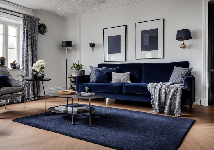Navy Blue Sofa with White Walls