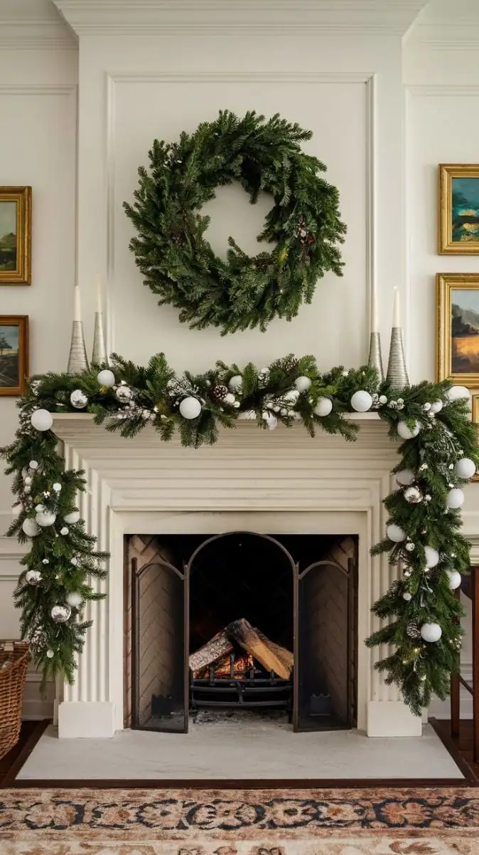 Classic Evergreen Garland Christmas Mantel