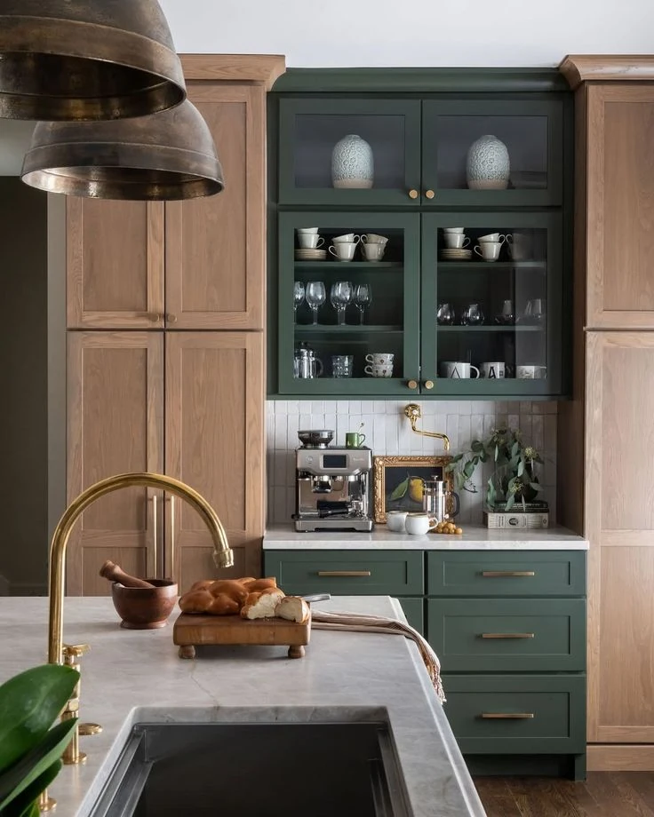 Combine Green Cabinets with Natural Wood