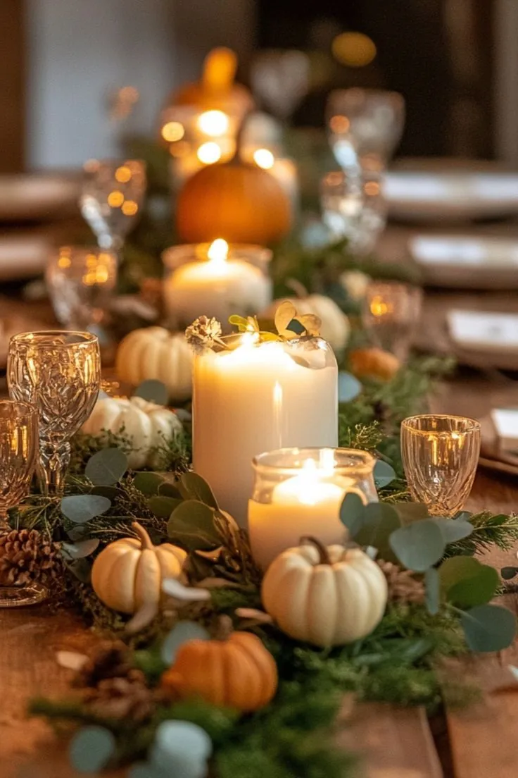 Cozy Thanksgiving Centerpiece with Candles, Pinecones, and Wheat