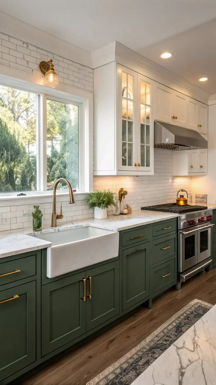 Create a Two-Tone Green and White Kitchen