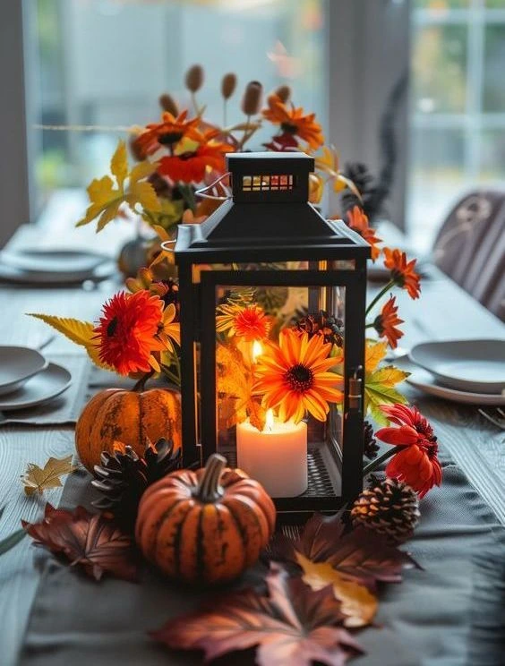 Lantern and Foliage Centerpiece