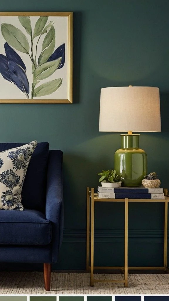 Try a Navy Blue Living Room with Green Accents